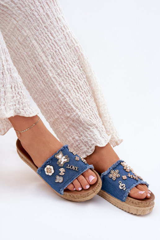 Infradito da donna in oro con piattaforma blu scuro Rigasta