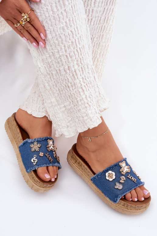 Infradito da donna in oro con piattaforma blu scuro Rigasta