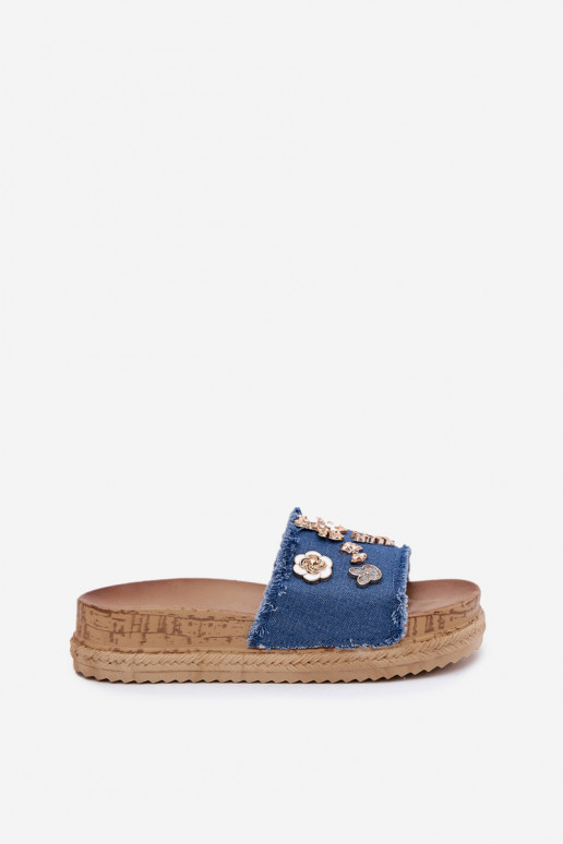 Infradito da donna in oro con piattaforma blu scuro Rigasta