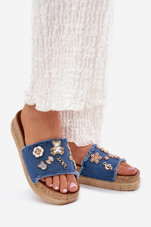 Infradito da donna in oro con piattaforma blu scuro Rigasta