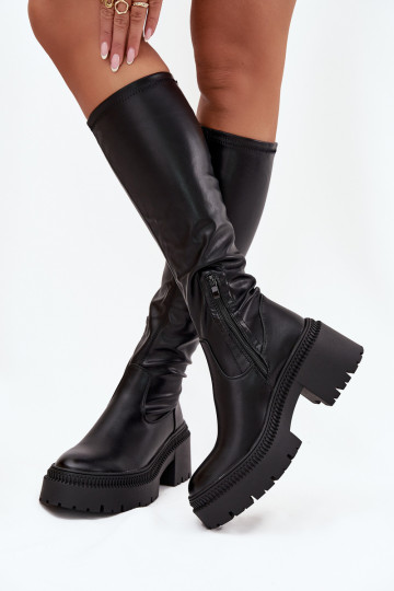 Stivali da donna al ginocchio con tacco spesso e piattaforma, slip-on, neri Florinne