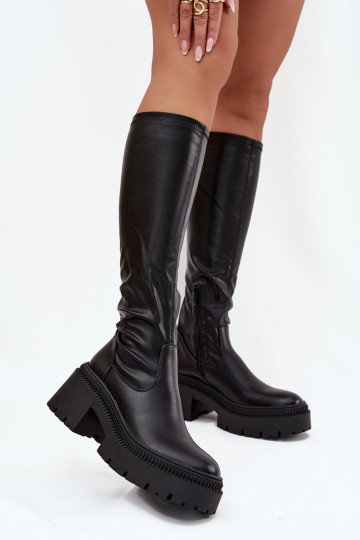 Stivali da donna al ginocchio con tacco spesso e piattaforma, slip-on, neri Florinne 2