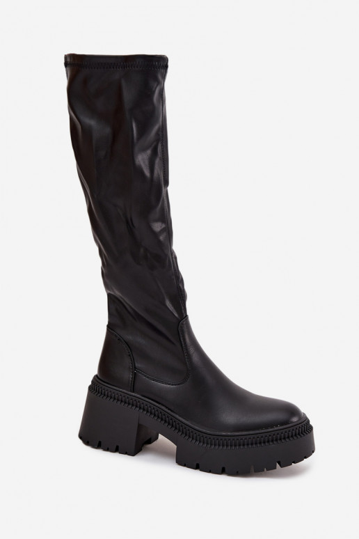 Stivali da donna al ginocchio con tacco spesso e piattaforma, slip-on, neri Florinne