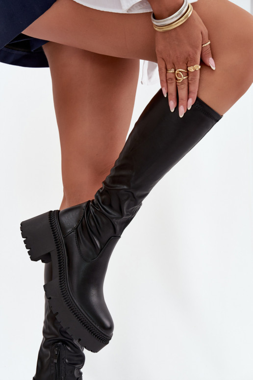 Stivali da donna al ginocchio con tacco spesso e piattaforma, slip-on, neri Florinne