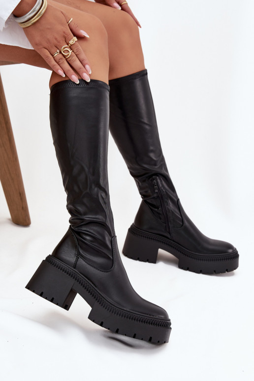 Stivali da donna al ginocchio con tacco spesso e piattaforma, slip-on, neri Florinne