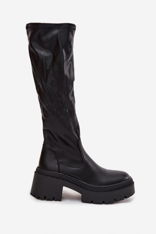 Stivali da donna al ginocchio con tacco spesso e piattaforma, slip-on, neri Florinne