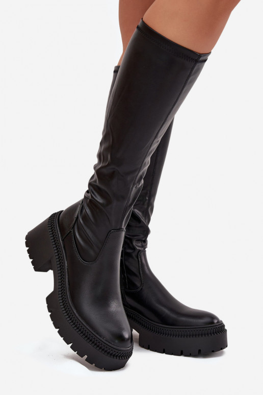 Stivali da donna al ginocchio con tacco spesso e piattaforma, slip-on, neri Florinne