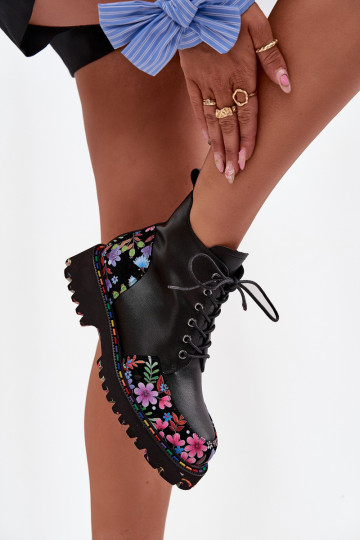 Stivaletti da donna caldi in pelle nera con fiori Artiker 57C0180