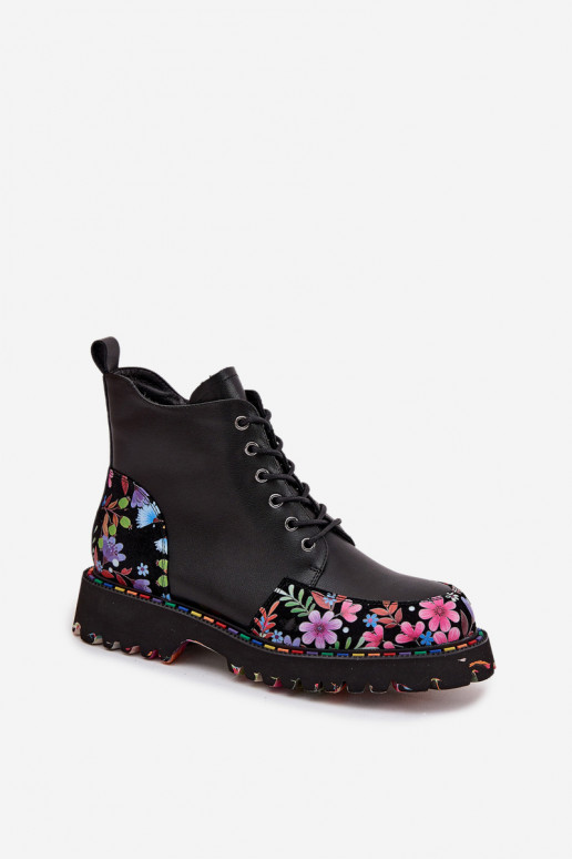 Stivaletti da donna caldi in pelle nera con fiori Artiker 57C0180