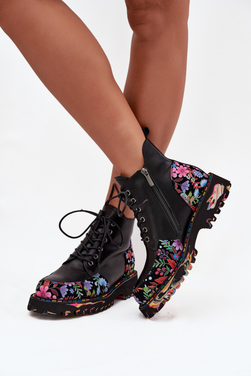 Stivaletti da donna caldi in pelle nera con fiori Artiker 57C0180