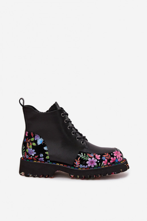 Stivaletti da donna caldi in pelle nera con fiori Artiker 57C0180