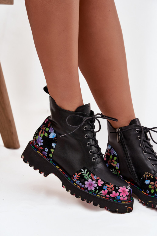 Stivaletti da donna caldi in pelle nera con fiori Artiker 57C0180