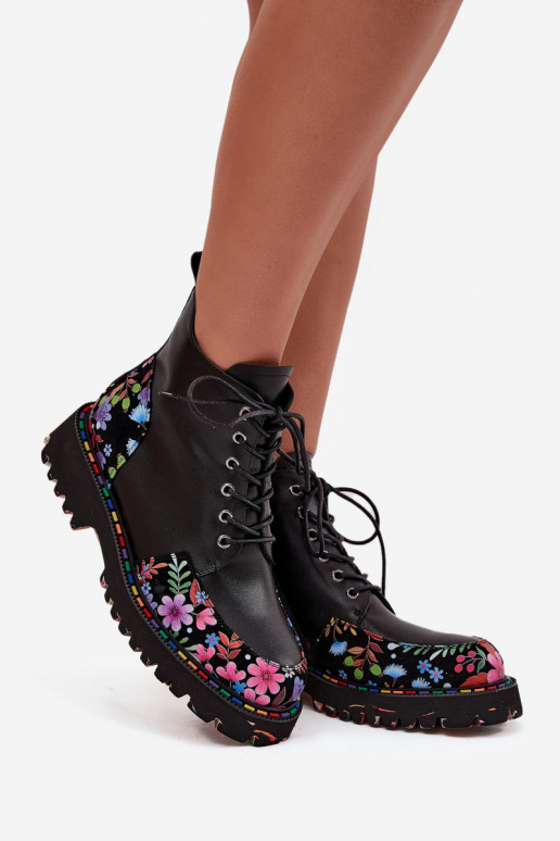 Stivaletti da donna caldi in pelle nera con fiori Artiker 57C0180