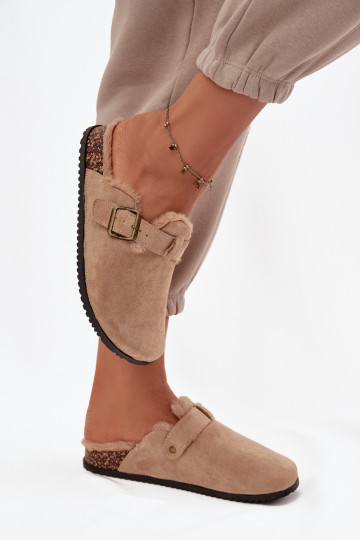 Zoccoli caldi da donna beige con pelliccia all'interno e fibbie Sylisse
