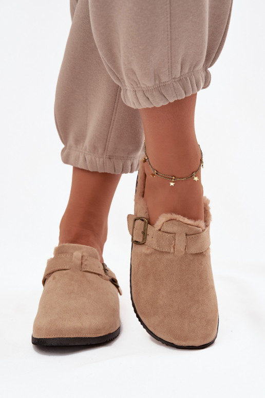 Pantofole Zoccoli Femminile riscaldamento con pelliccia all interno con fibbie beige Sylisse