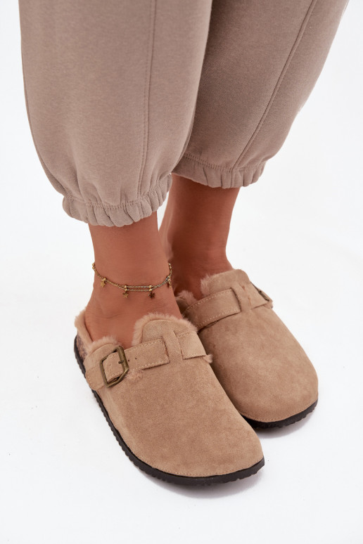 Pantofole Zoccoli Femminile riscaldamento con pelliccia all interno con fibbie beige Sylisse