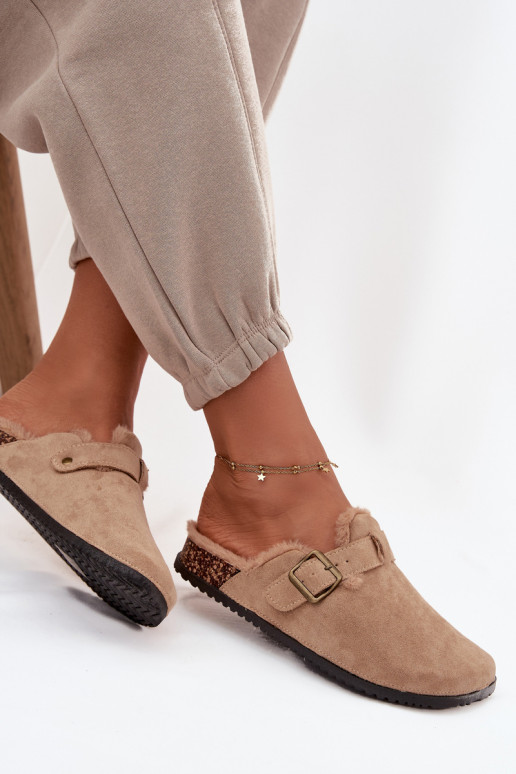 Pantofole Zoccoli Femminile riscaldamento con pelliccia all interno con fibbie beige Sylisse