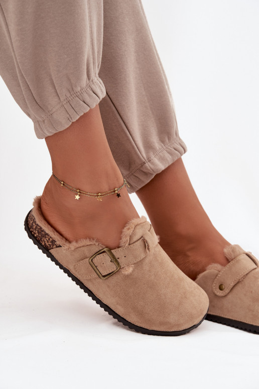 Zoccoli caldi da donna beige con pelliccia all'interno e fibbie Sylisse