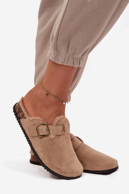 Pantofole Zoccoli Femminile riscaldamento con pelliccia all interno con fibbie beige Sylisse