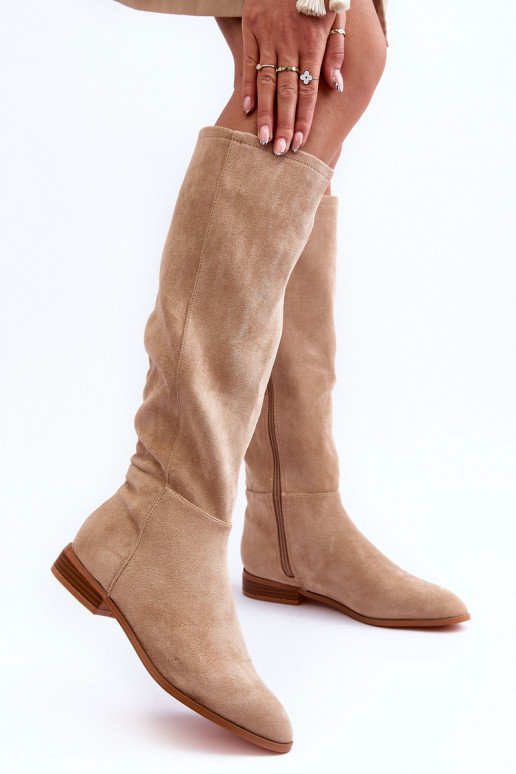 Stivali alti in suede con tacco largo color sabbia Eelin