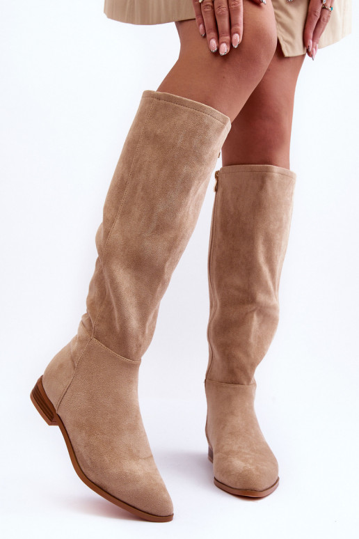 Stivali alti in suede con tacco largo color sabbia Eelin