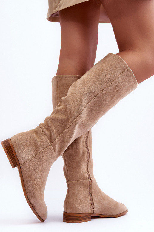 Stivali alti in suede con tacco largo color sabbia Eelin