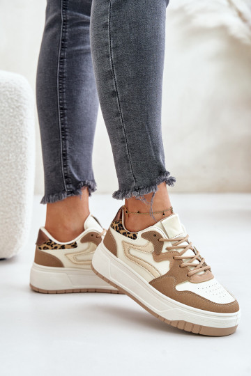 Sneakers da donna in ecopelle con plateau e motivi leopardati color sabbia Henizore