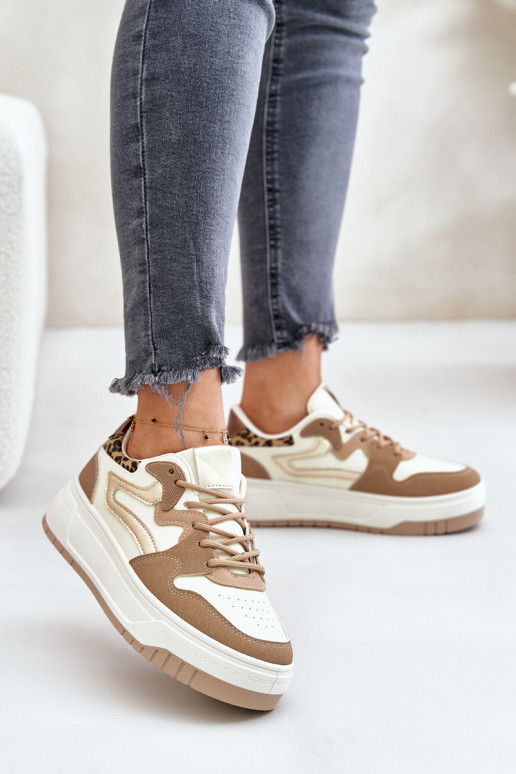 Sneakers da donna in ecopelle con plateau e motivi leopardati color sabbia Henizore