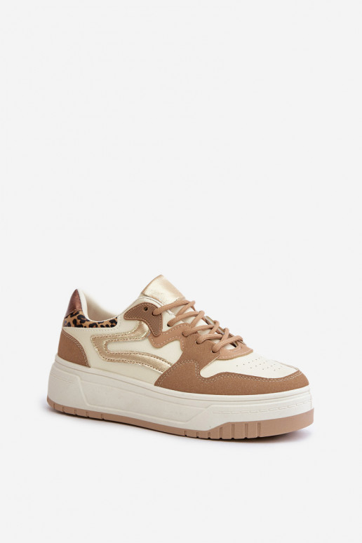 Sneakers da donna in ecopelle con plateau e motivi leopardati color sabbia Henizore