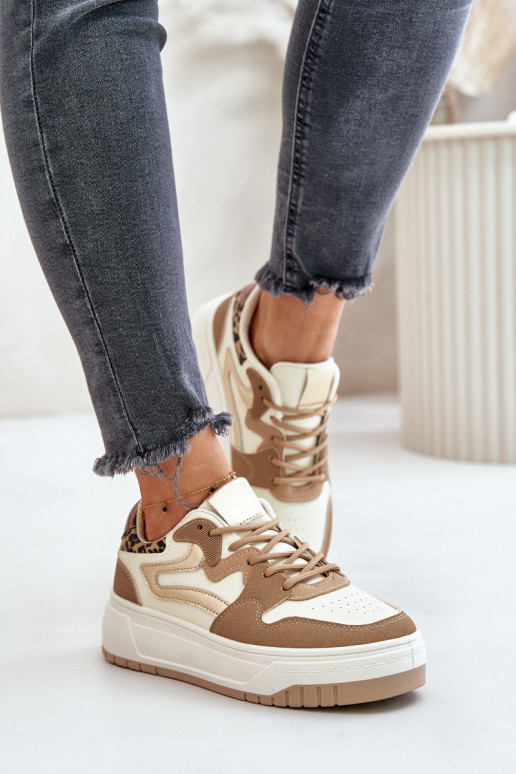 Sneakers da donna in ecopelle con plateau e motivi leopardati color sabbia Henizore
