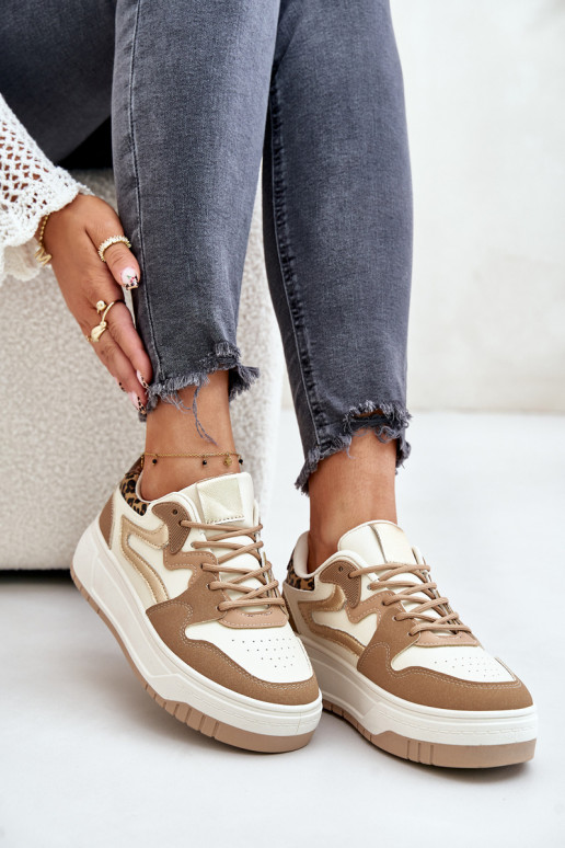 Sneakers da donna in ecopelle con plateau e motivi leopardati color sabbia Henizore