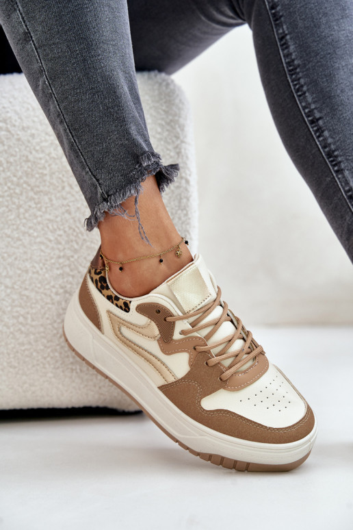 Sneakers da donna in ecopelle con plateau e motivi leopardati color sabbia Henizore