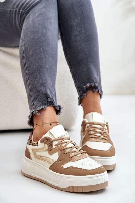 Sneakers da donna in ecopelle con plateau e motivi leopardati color sabbia Henizore