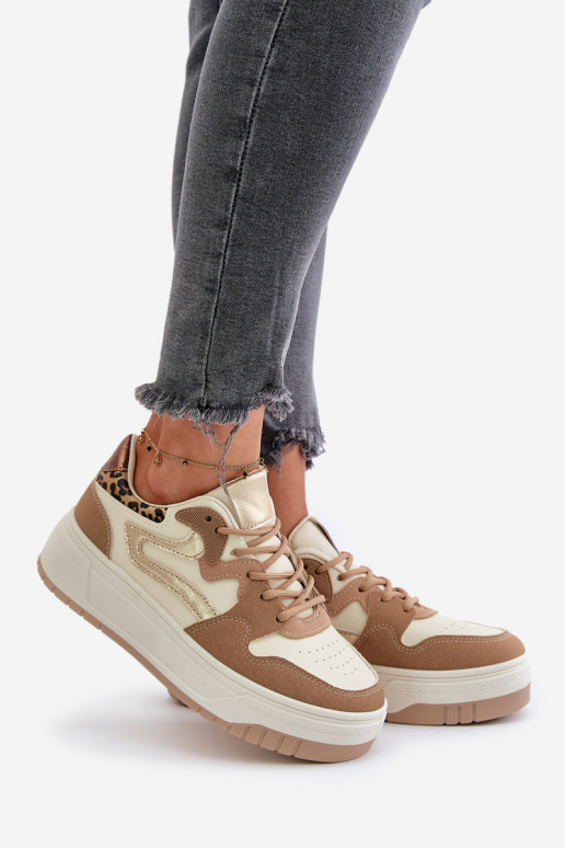 Sneakers da donna in ecopelle con plateau e motivi leopardati color sabbia Henizore