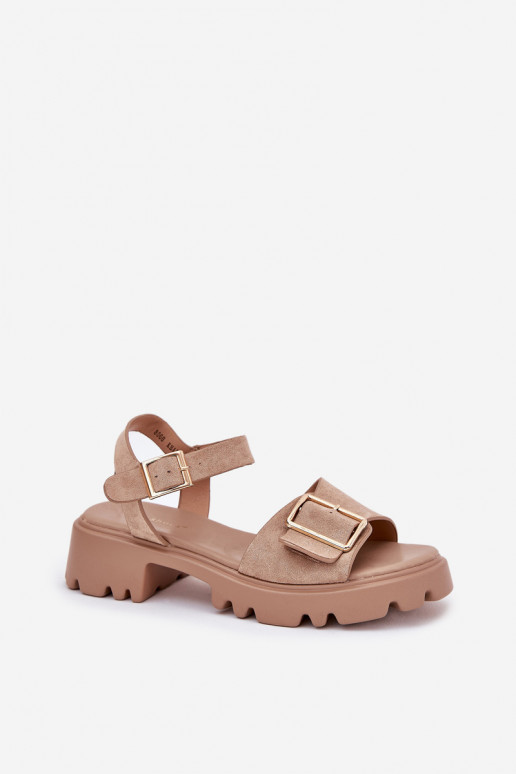 Sandali da donna in ecopelle scamosciata con fibbie color sabbia Gofielle