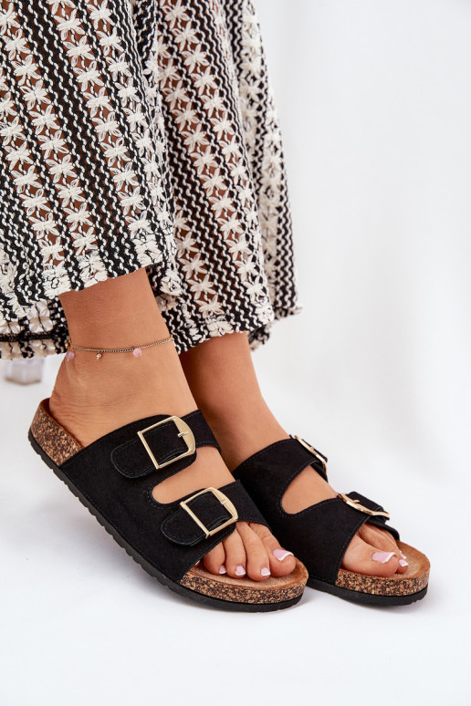 Pantofole da donna con piattaforma dorata e fibbie nere Lisavionea