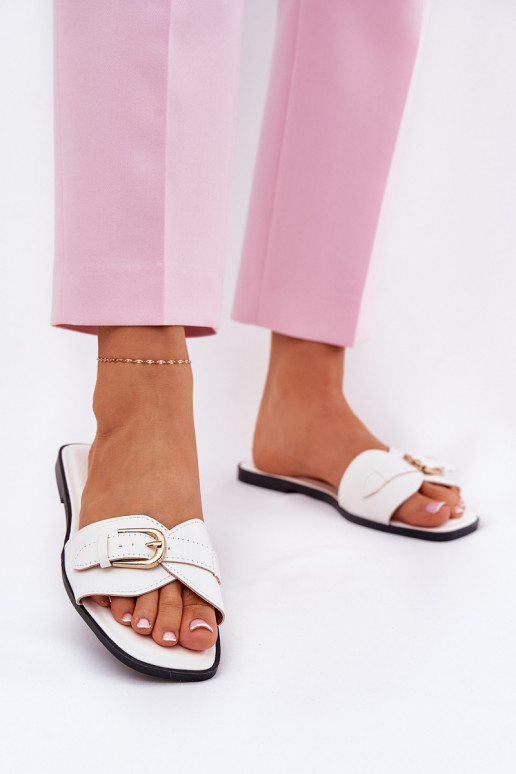 Pantofole piatte da donna con fibbie dorate bianche Esiobb