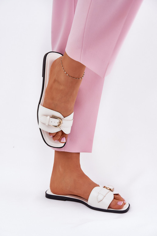 Pantofole piatte da donna con fibbie dorate bianche Esiobb