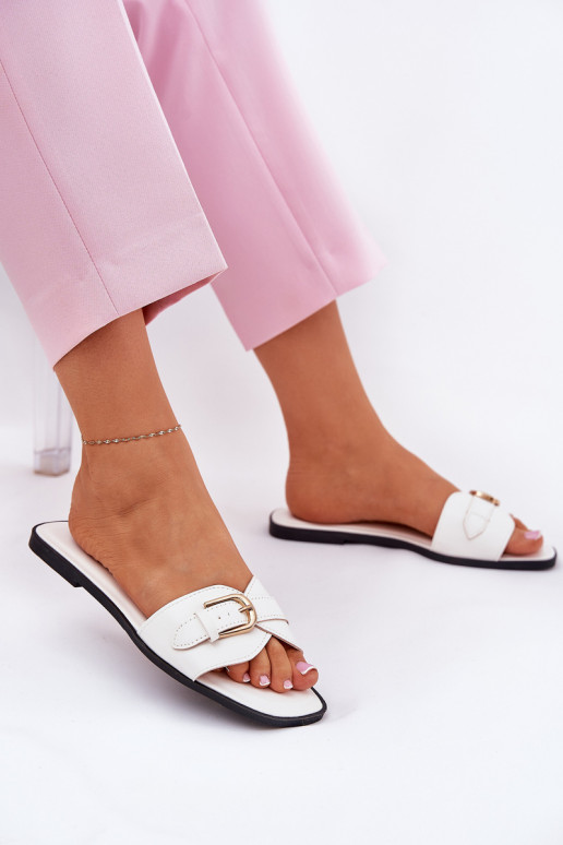 Pantofole piatte da donna con fibbie dorate bianche Esiobb