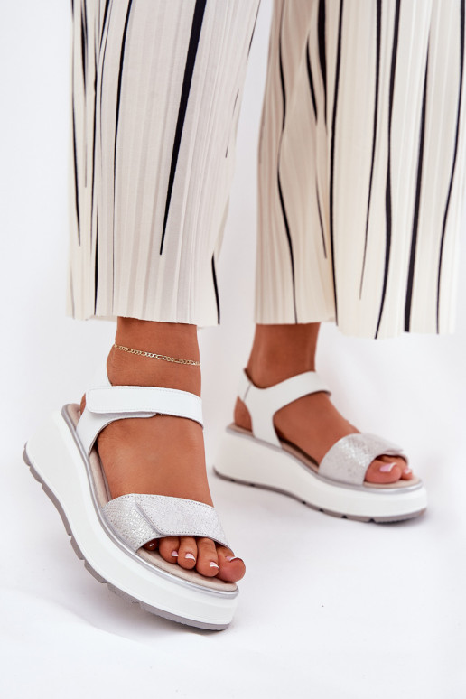 Sandali da donna argentati con piattaforma e chiusure adesive S.Barski LR51-543