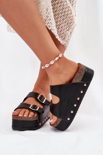 Pantofole nere da donna con fibbie sulla piattaforma Odisene