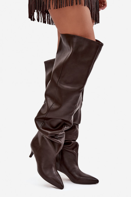 Stivali alti da donna slip-on con tacco sottile in cioccolato Ysolienne