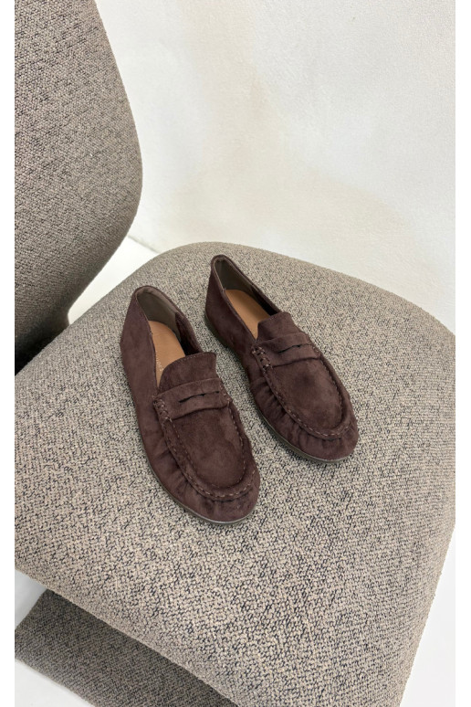 Mocassini da donna con rouches in suede sintetico color cioccolato Sabley