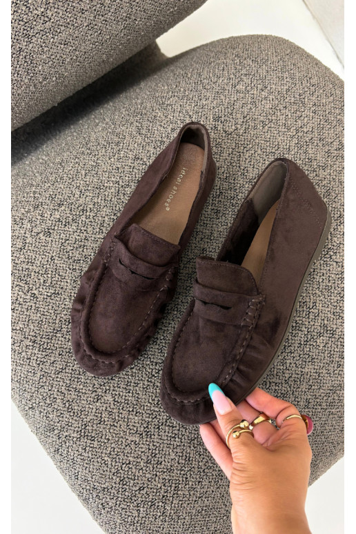 Mocassini da donna con rouches in suede sintetico color cioccolato Sabley