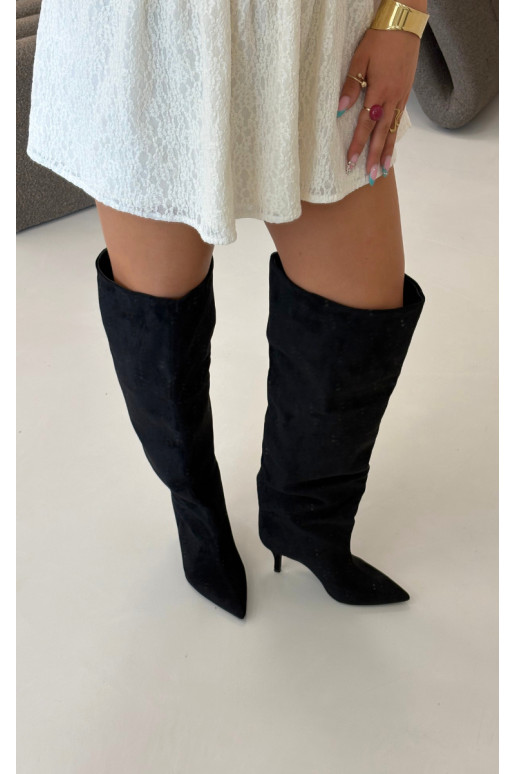 Stivali alti da donna slip-on con tacchi sottili color nero Corly