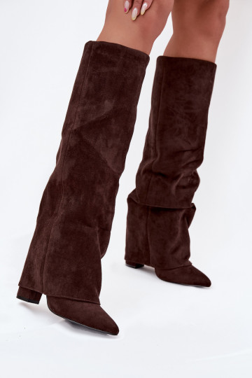 Stivali alti da donna foderati con inserti e tacchi in ecopelle scamosciata color cioccolato Elivira 2