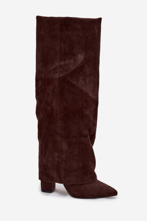 Stivali alti da donna foderati con inserti e tacchi in ecopelle scamosciata color cioccolato Elivira