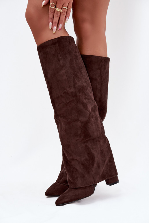 Stivali alti da donna foderati con inserti e tacchi in ecopelle scamosciata color cioccolato Elivira