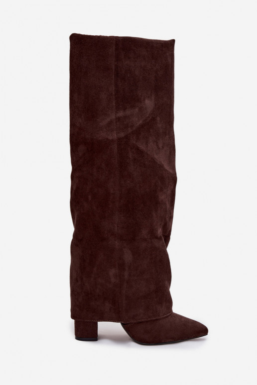 Stivali alti da donna foderati con inserti e tacchi in ecopelle scamosciata color cioccolato Elivira