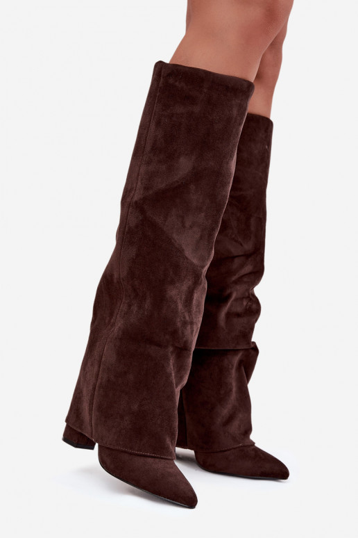 Stivali alti da donna foderati con inserti e tacchi in ecopelle scamosciata color cioccolato Elivira